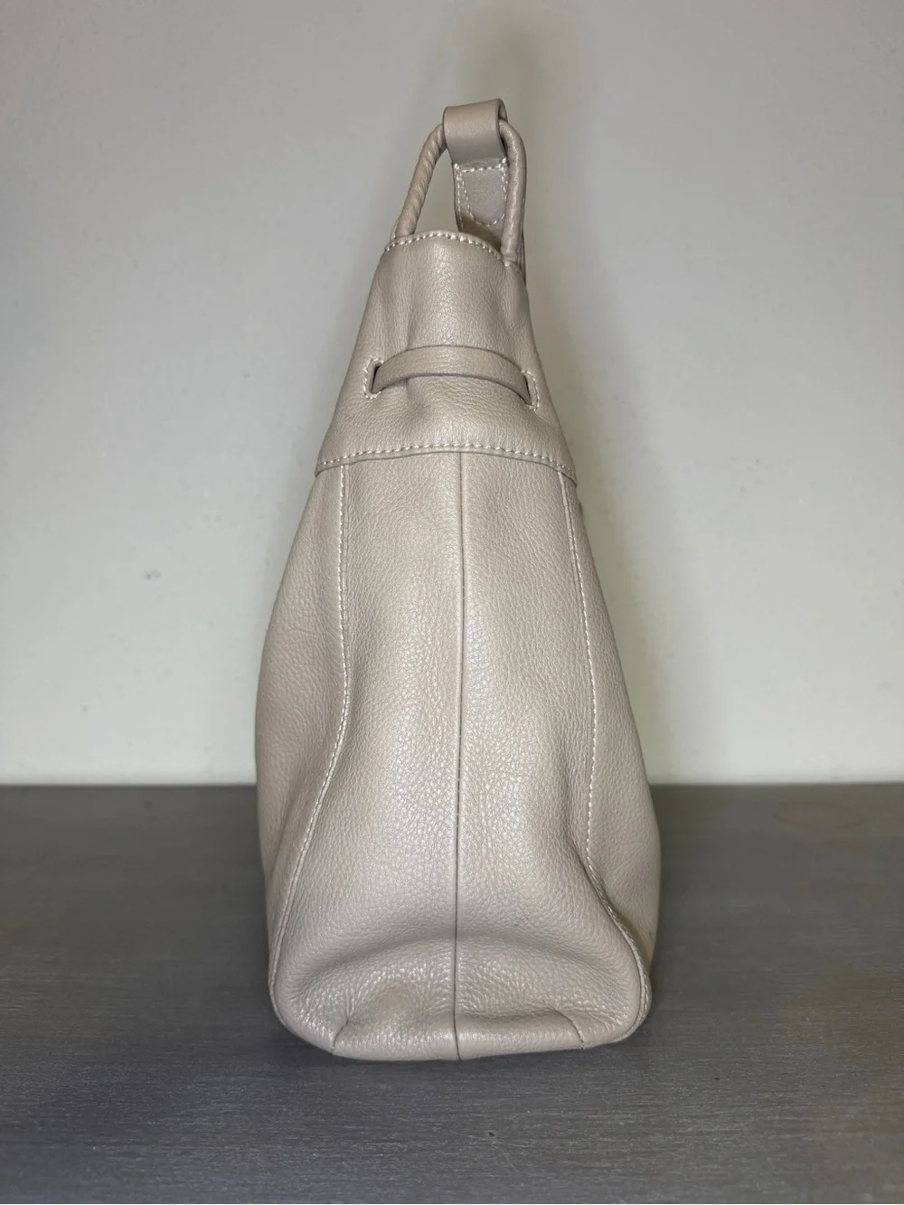 J. Jill Taupe Pebbled Leather Drawstring Bucket Bag Shoulder Purse Handbag